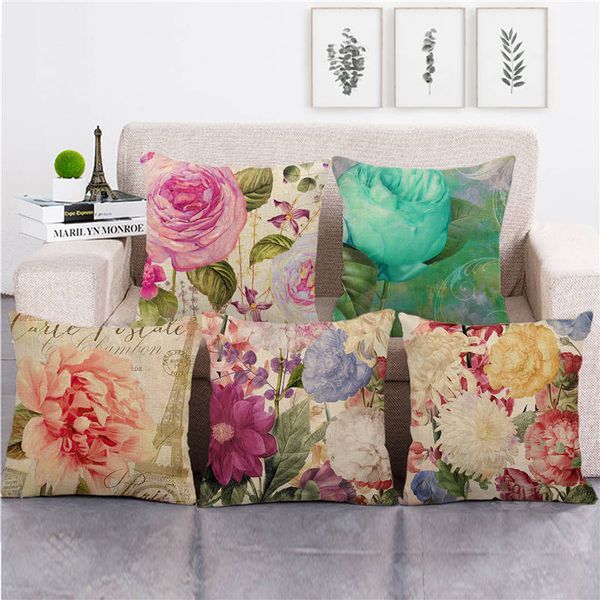 

wholesale pillowcase watercolor big color rose cushion cover linen/cotton sofa pillow cover decorative pillows