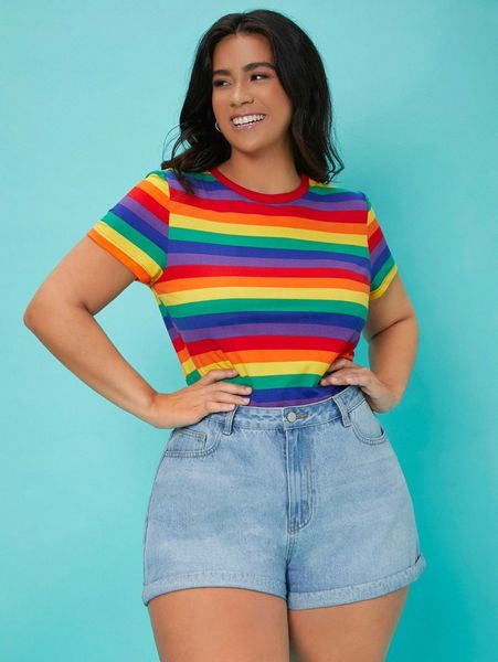 

plus rainbow striped tee q1id#, Black