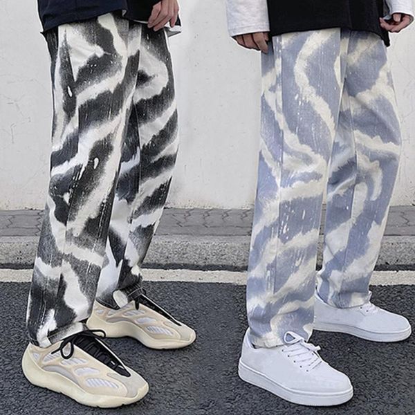 

men's pants men hip- streetwear casual zebra pattern print drawstring pocket denim straight harajuku jeans trousers, Black