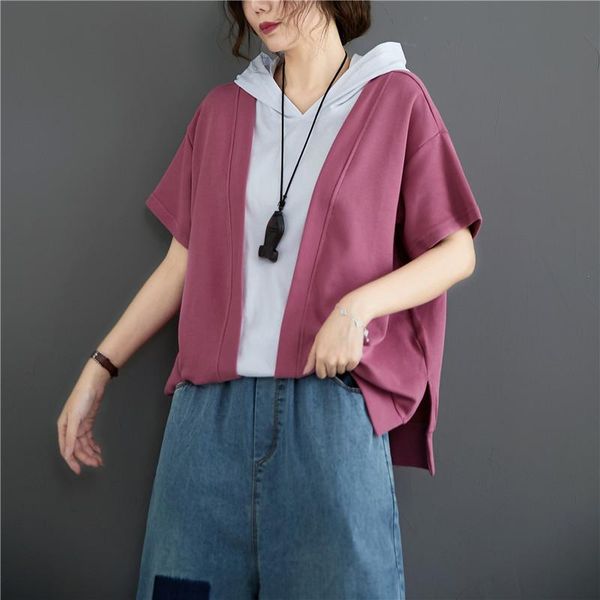 

women's hoodies & sweatshirts women short sleeve patchwork summer fake two-piece hooded female clothes loose casual, Black