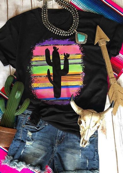 

tee shirt femme casual short sleeve tees o-neck camiseta t-shirt black neon cactus women clothes summer, White