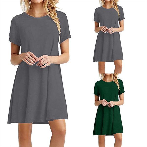 

summer plus size solid color women dress o neck short sleeve ladies casual swing loose knee length daily sukienka letnia, Black;gray