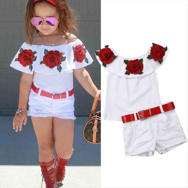 

kids clothes girls rose flower off shoulder denim shorts baby girl summer outfits toddler 2pcs, White