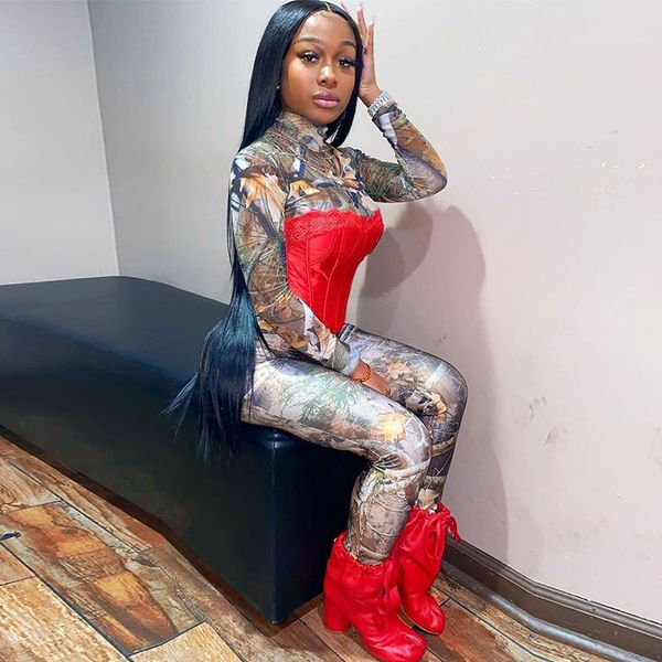 

outfit set leaves print o-neck two piece set long sleeve bodysuit pencil pants streetwear outdoor fall set, Gray