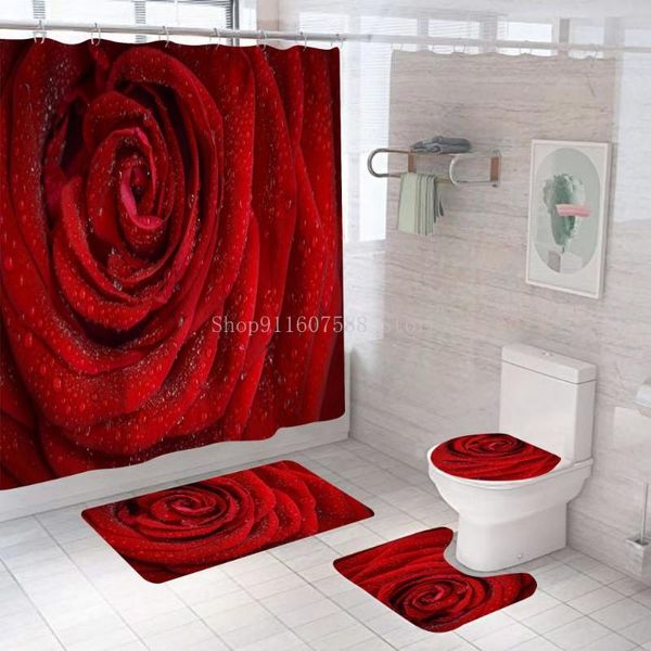 

shower curtains 3d rose fabric waterproof curtain purple blue bathroom set non-slip rug toilet lid cover and bath mat