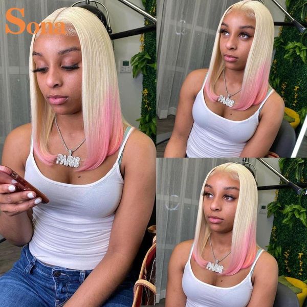 

lace wigs pink human hair bob front wig colored short pixie cut transparent ombre orange purple 200% density, Black;brown