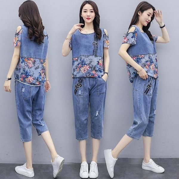 

women's tracksuits summer plus size women 2021 spring printed stitching fashion female sets thin denim cropped trousers mother 2pcs, Gray