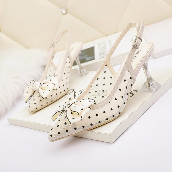 

dress shoes crystal heels women mesh slingback buckle pumps polka dot pointed toe sandals bow-knot clear slides big size zapatos mujer, Black