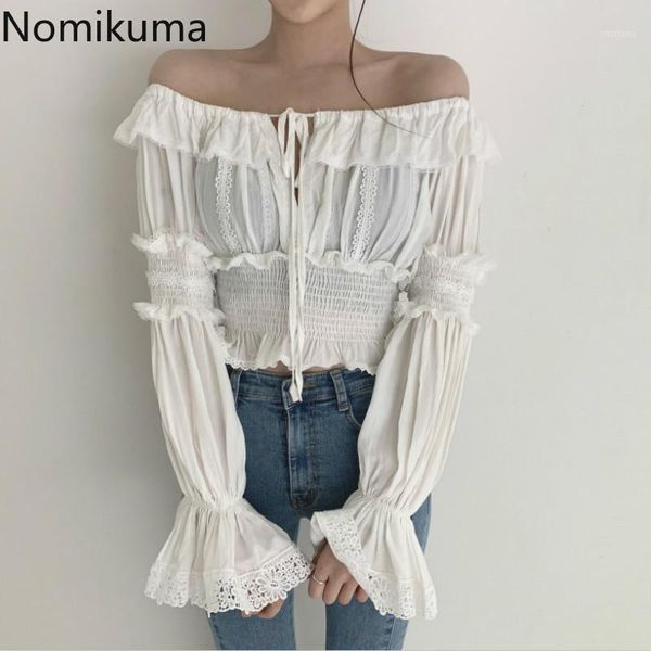 

nomikuma blusas mujer sash neck long sleeve blouse women lace up off shoulder crop solid color korean style shirts 3c818 women's, White