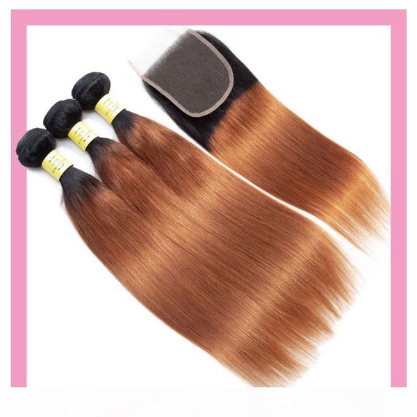 

malaysian human hair extensions straight 1b 30 ombre hair 3 bundles with 4x4 lace closure with baby hair three middle part, Black;brown