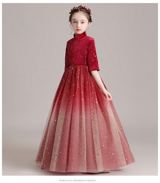 

girl's dresses sequin lace girl dress red tulle party princess gowns half sleeve flower for wedding evening first communion gown, Red;yellow