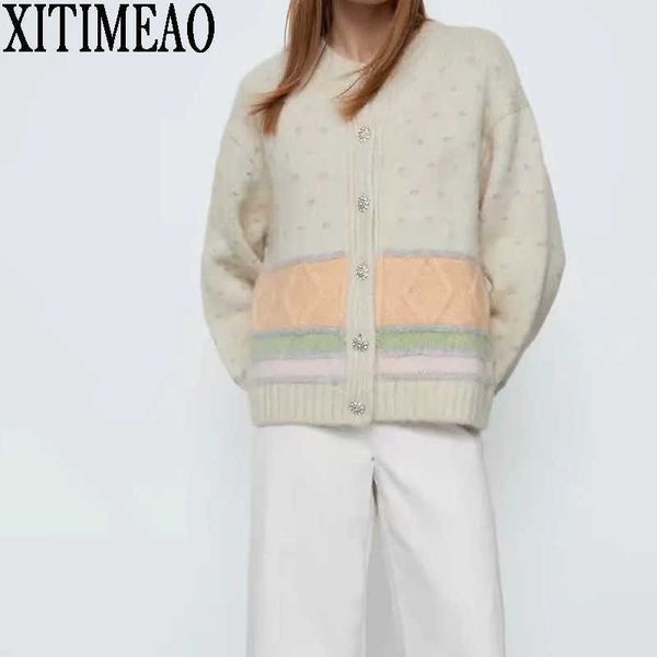 

za women autumn knitted butto decorati loose knit sweater coat retro print v neck knitted cardigan xitimeao 210602, White