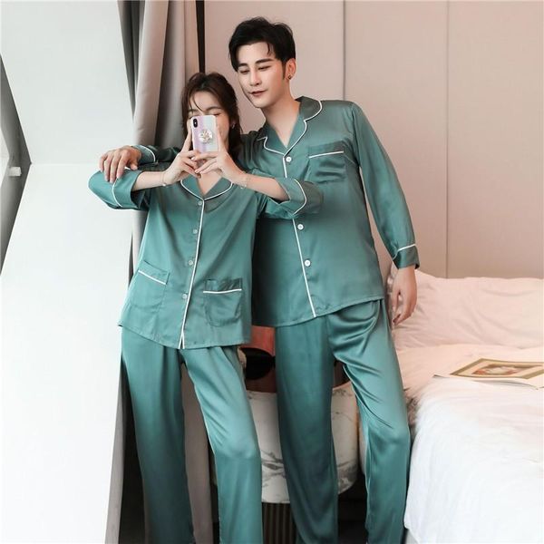 

green couple pajamas set long sleeve shirt&pants satin silky sleep set lovers solid pyjamas suit spring autumn pyjamas suit, Black;brown