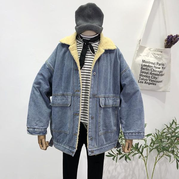 

women's jackets autumn winter women denim jacket vintage faux lamb wool warm plush coat lapel long sleeve casual female outwear mulhere, Black;brown
