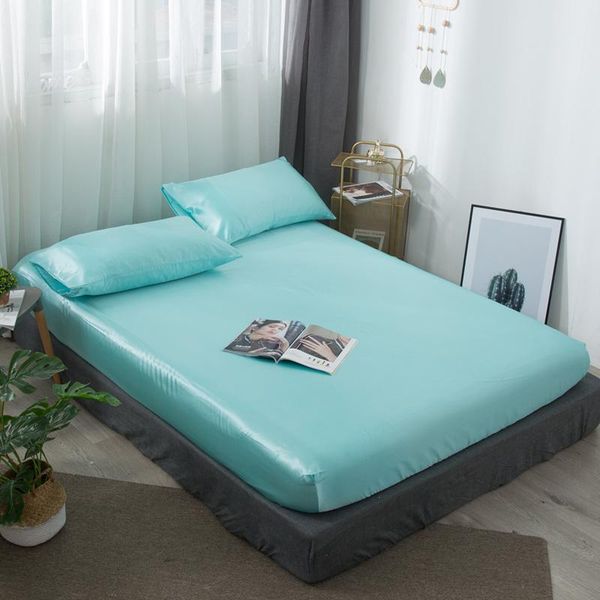 

sheets & sets satin silk fitted bed sheet high-end solid color mattress cover elastic band bedsheet king queen size