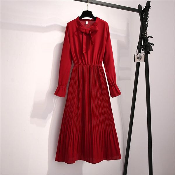 

casual dresses women chiffon solid pleated midi dress ladies elegant long sleeve tunic bow neck autumn spring shirt vintage robe, Black;gray