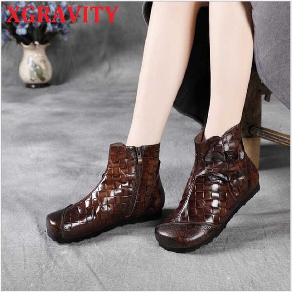 

xgravity autumn winter new boots weave skin ladies cow genuine leather boots butterfly know woman shoes ethnic shoes s044 210429, Black