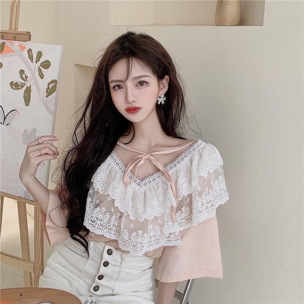 

women's blouses & shirts sweet lace shirt women summer 2021 v-neck short sleeve patchwork blouse, White