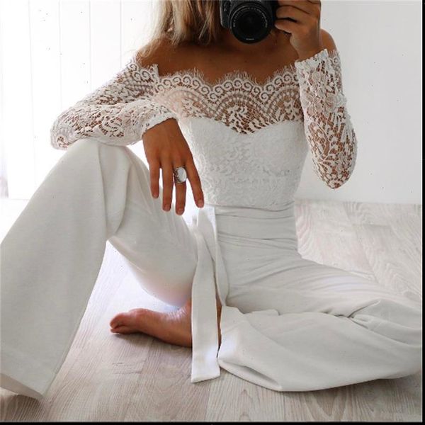 

fashion women floral lace long sleeve jumpsuit romper off shoulder jumpsuit bodycon party pants trousers female, Black;white