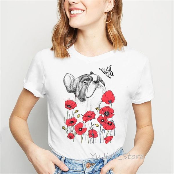 

funny pug with poppies art women t shirts print kawaii dog lover clothes camisas mujer tees drop, White