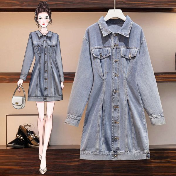 

large size women's early spring 2021 new fat sister show thin age reduction french foreign style shirt denim dress, Black;gray