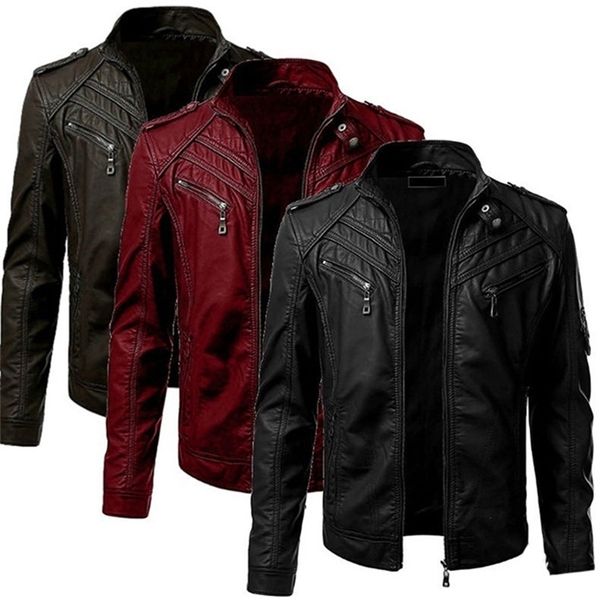 

bomber leather jacket mens zipper decoration motorcycle pu coat men plaid winter warm casual male jackets oversized windbreaker 211118, Black