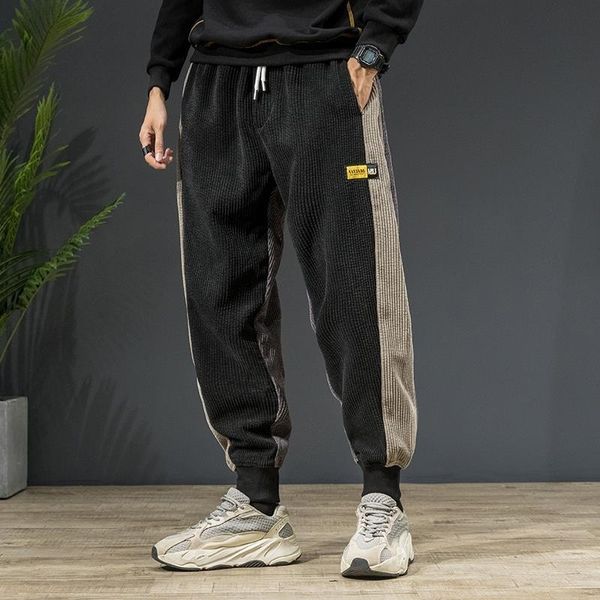 

men's pants spring corduroy loose /autumn cargo color blocking patchwork hip hop sports trousers male streetwear joggers zlex, Black