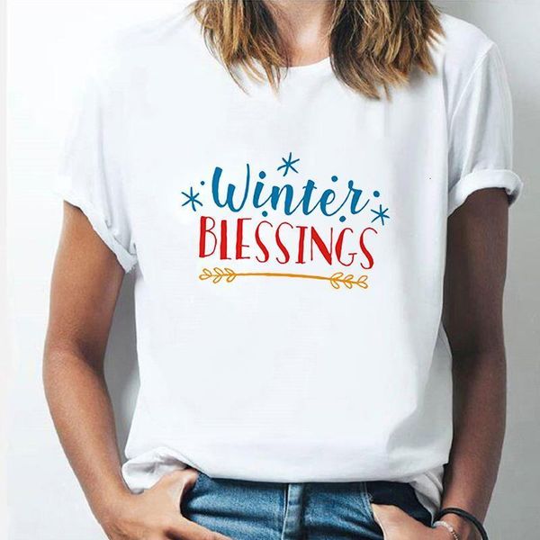 

cute kawaii winter blessings letter print short sleeve t shirt women tshirts girls ladies christmas t-shirt t-shirts, White