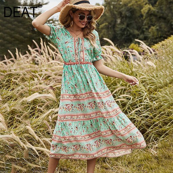 

[deat] summer fashion round neck high waist knee-length short sleeve printing loose elegant dress women 13c596 210527, Black;gray