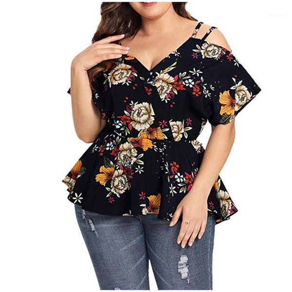 

plus size t-shirt women's blouse printing short sleeve shirt floral v-neck peplum women clothing blusas mujer de moda 2021, Black
