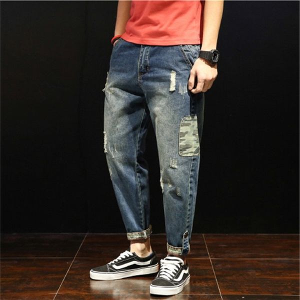 Moda Patchwork rasgado homens jeans meninos soltos orifícios casuais tornozelo-comprimento harem calças calças tamanho grande 28-42 210716