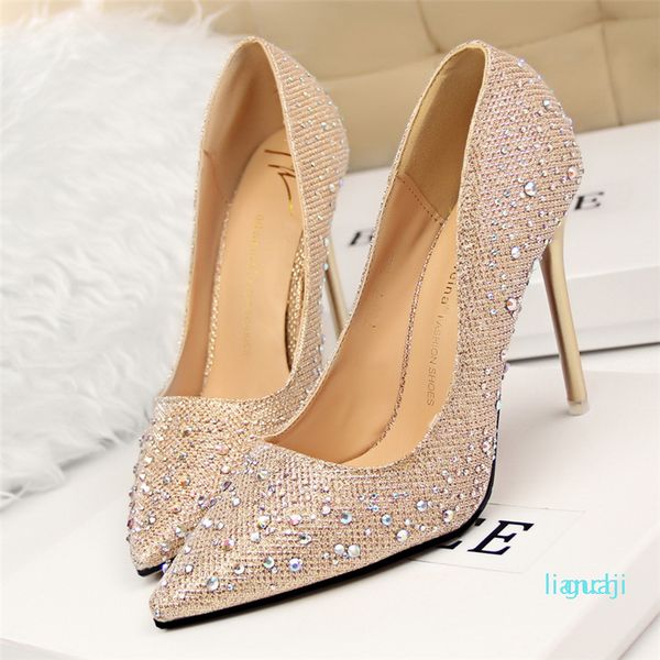 

designer brand bigtree shoes crystal shoes rhinestone wedding dress high heels ladies pumps pink black gray nlue golden