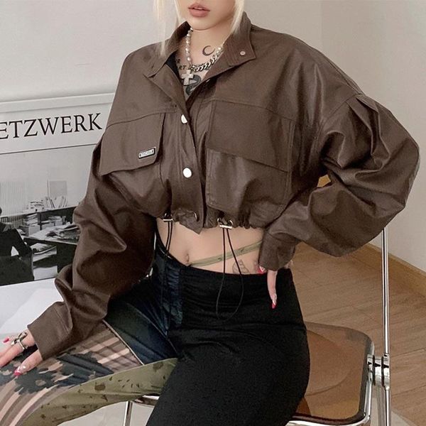 

women's jackets street style women faux leather cropped jacket long sleeve fur lapel zipper short coat 2022 fashion motor biker punk ou, Black;brown