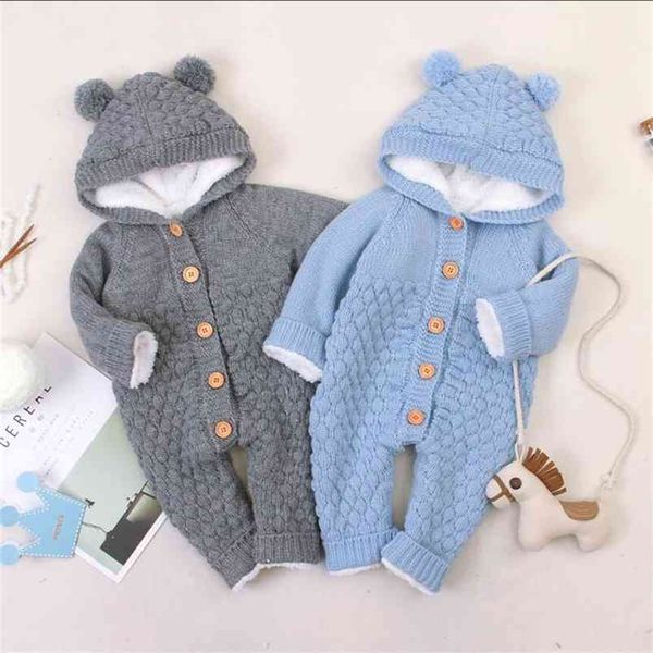 Baby Strampler Winter gestrickte Kleidung geboren Fleece Overall Säugling Junge mit Kapuze Mädchen Overalls 210816