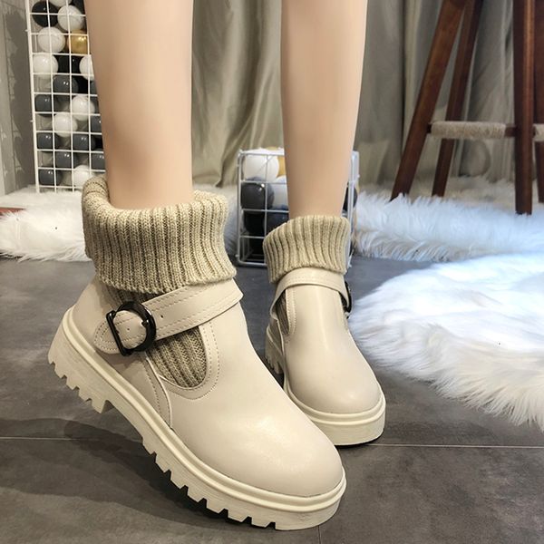 

2021 new elastic knit pu leather ankle boots for women fashion buckle square heel short booties woman black beige shoes slwh