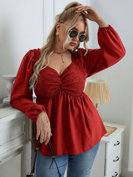 

plus sweetheart neck shirred lantern sleeve peplum blouse t7gh#, Black