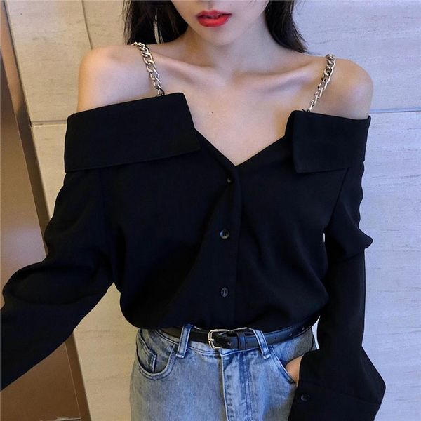 

wonder off shoulder women blouses button solid v neck korean clothing casual style spring shirts tand ladies, White