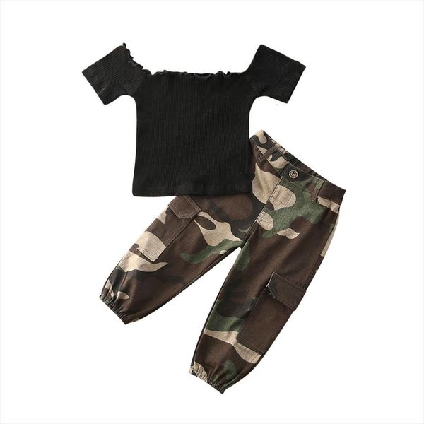 

summer baby girl camo clothes toddler kid off shoulder t shirts pants outfits sets 1 6 years, White