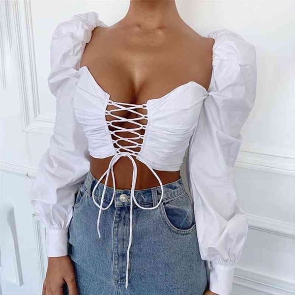 

white solid hollow out women blouses lace up midriff baring ladies puff sleeve strapless crop