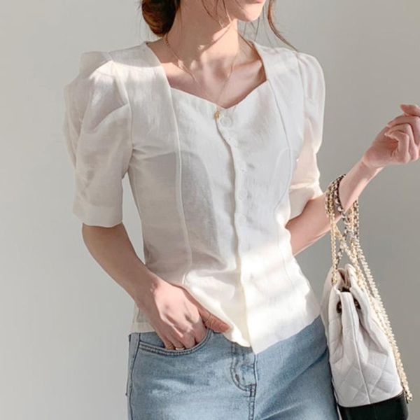 

women's blouses & shirts blue or white women 2021 summer half puff sleeve square collar single buttons blouse shirt elegant femme