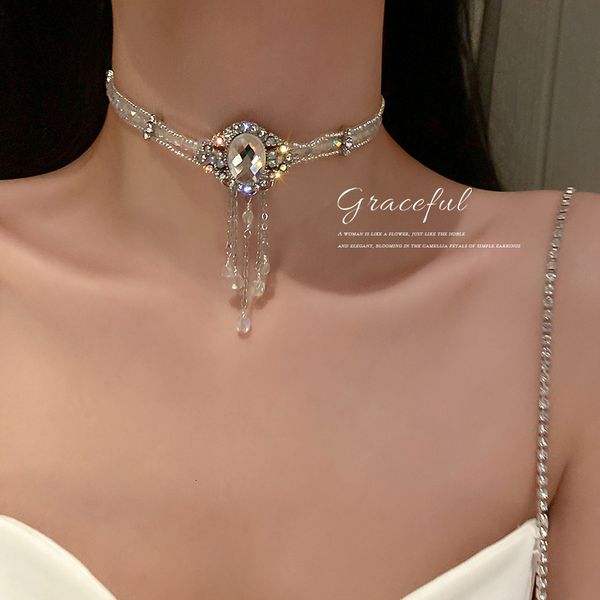 

necklace luxury designer chain south korea east gate fashion exaggerated personality inlaid with diamond crystal bead multi layer net red cl, Silver