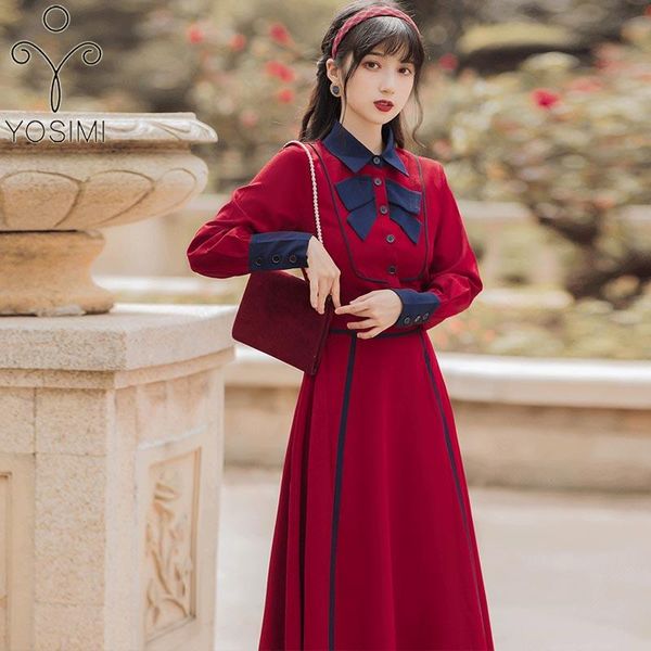 

casual dresses yosimi red wine long women dress 2021 spring autumn turn-down collar mid-calf fit and flare sleeve patchwork elegant, Black;gray