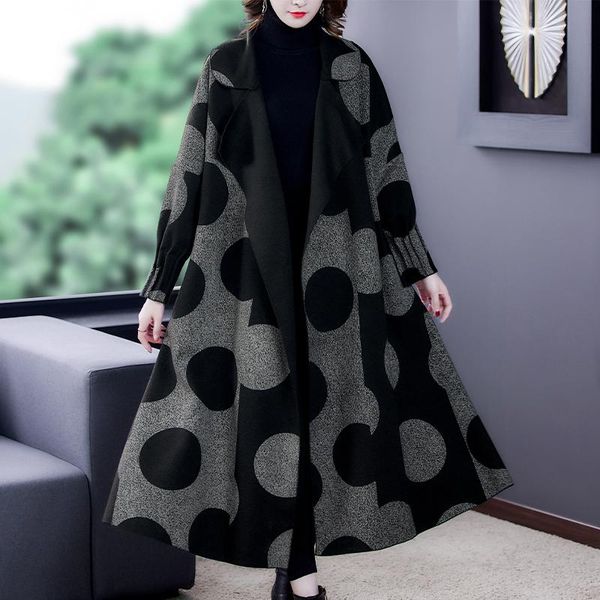

large size mid-length temperament large lapel coat fashion autumn and winter 2021 new cashmere loose lotus leaf cuff cloak coat, Black