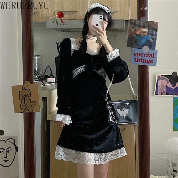

werueruyu vintage gothic velvet dress women a line winter slim long sleeve black dresses 210608, Black;gray