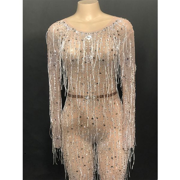 

glisten silver rhinestones jumpsuit white tassel perspective outfit birthday celebrate evening costume womens dance wear, Black;red