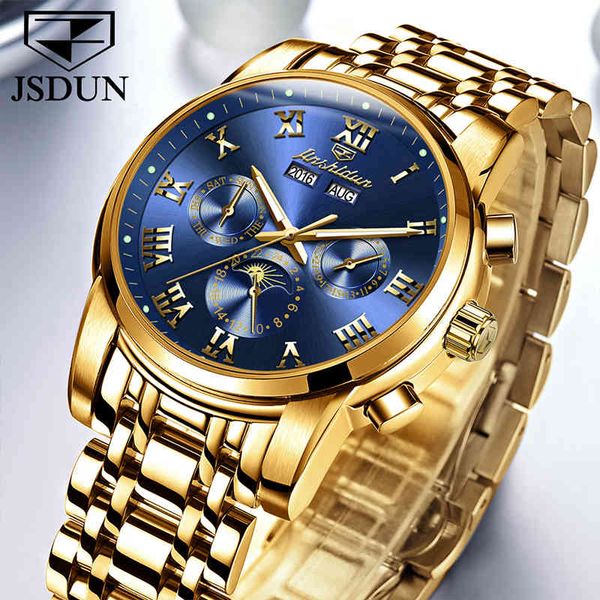 

jsdun luxury men's automatic men watch waterproof gold stainless steel sapphire mechanical watches clock montre homme, Slivery;brown
