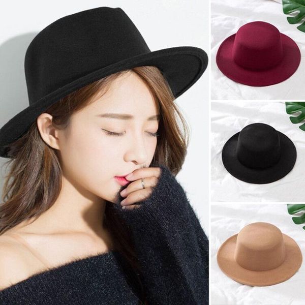

solid color imitation woolen hat women felt fedoras jazz cap female girls simple wide brim flat hats, Blue;gray