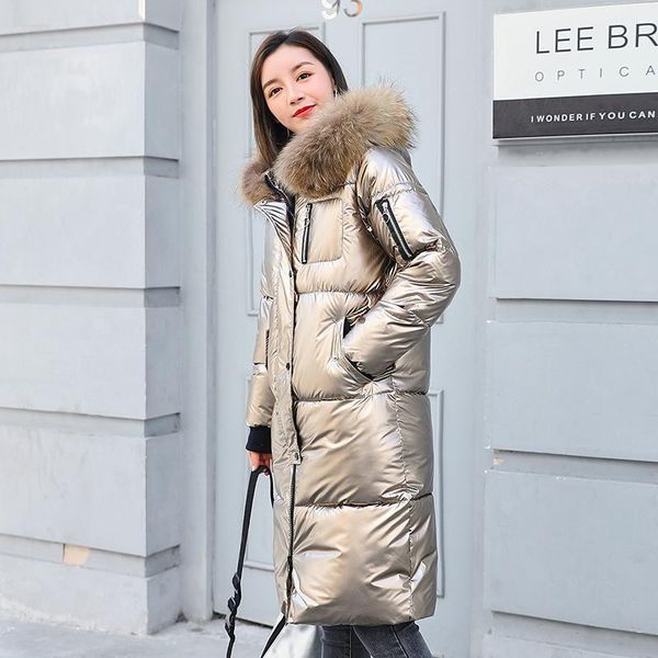 

new nice hooded winter long shiny really collars parkas warm down cotton-padded jacket and fashionable clothes, Black