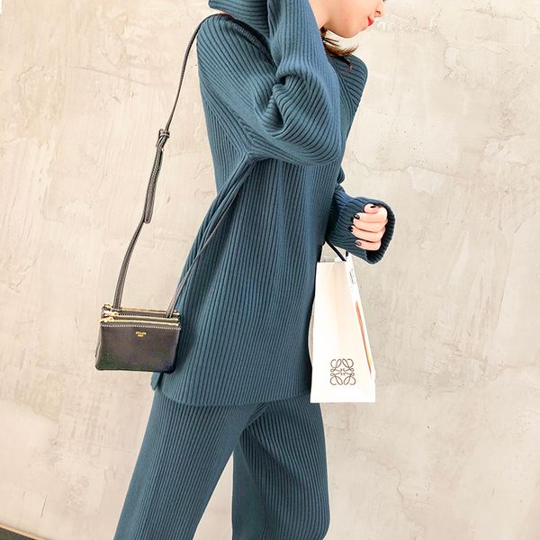 

style knitted western fashion women 2021 new trendy korean temperament sweater wide leg pants casual two-piece fx8m, White