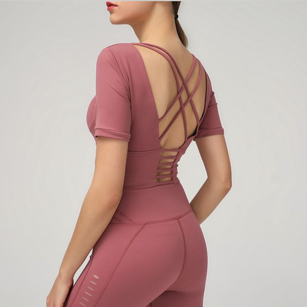 

back cross sport women yoga shirts short sleeve plus size workout fitness crop with chest pad running clothing, White;red